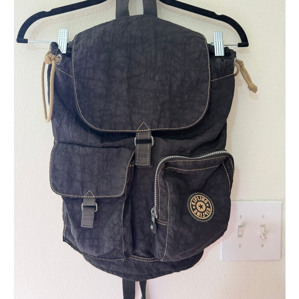 Kipling Black Drawstring Backpack Vintage Y2K Shoulder Strap Bucket Bag leather